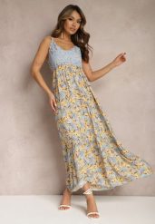 Jasnoniebieska Rozkloszowana Sukienka Maxi z Wiskozy w Kwiatowy Print na Ramiączkach Roisintia. Niebieskie sukienki Renee, m, bez wzorów, z wiskozy, bez kołnierzyka, bez ramiączek, maxi, rozkloszowane. W wyprzedaży za 55.99 zł.