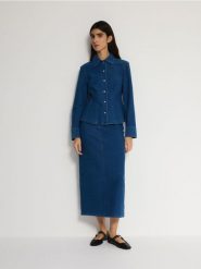 Jeansowa koszula z zaszewkami - indigo jeans. Niebieskie koszule Reserved, l, bez wzorów, z bawełny, bez kołnierzyka, bez ramiączek. W wyprzedaży za 119.99 zł.