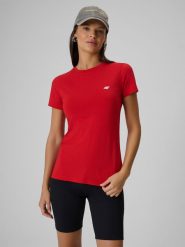 4F T-shirt slim gładki damski - czerwony S. Czerwone t-shirty 4f, s, bez wzorów, z bawełny, klasyczne, bez kołnierzyka, bez ramiączek. Za 39.99 zł.