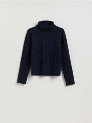 Sweter z warkoczowym splotem - granatowy. Niebieskie swetry Reserved, l, bez wzorów, z dzianiny, bez ramiączek. Za 139.99 zł.
