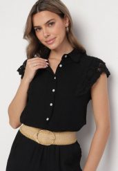 Czarna Koszula z Wiskozy z Lnem Ozdobiona Ażurowymi Rękawami Fenalis. Czarne koszule Born2be, m, w ażurowe wzory, z jeansu, eleganckie, bez kołnierzyka, bez ramiączek. Za 89.99 zł.