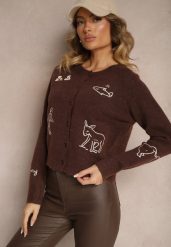 Ciemnobrązowy Kardigan z Wełną na Guziki z Haftowanym Wzorem Nelyra. Brązowe swetry Renee, uniwersalny, bez wzorów, z jeansu, eleganckie, bez ramiączek. W wyprzedaży za 143.99 zł.