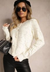 Jasnobeżowy Pudełkowy Kardigan z Wełną i Wiskozą o Tłoczonym Splocie Vaitra. Brązowe swetry Renee, m, bez wzorów, z jeansu, eleganckie, bez ramiączek. W wyprzedaży za 79.99 zł.
