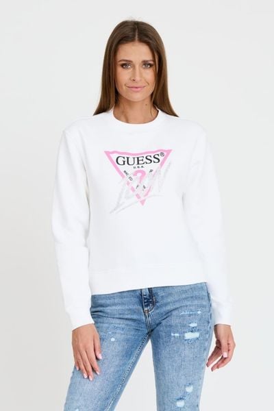 GUESS Biała damska bluza Cn Icon, Rozmiar XL. Białe bluzy Guess, s, z aplikacjami, bez ramiączek, bez kaptura. W wyprzedaży za 326.99 zł.