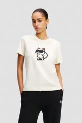 KARL LAGERFELD Beżowy damski t-shirt Ikon Sketch Choupette. Brązowe t-shirty KARL LAGERFELD, s, bez wzorów, bez kołnierzyka, bez ramiączek. W wyprzedaży za 389.99 zł.