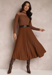 Brązowa Spódnica Plisowana z Paskiem Nanie. Brązowe spódnice Renee, na co dzień, z aplikacjami, eleganckie, midi, dopasowane. W wyprzedaży za 79.99 zł.