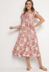 Ciemnoróżowa Sukienka z Wiskozą o Rozkloszowanym Kroju z Falbankami w Roślinny Wzór Amoira. Czerwone sukienki Born2be, na co dzień, l, bez wzorów, z jeansu, eleganckie, bez kołnierzyka, bez ramiączek, midi, rozkloszowane. Za 99.99 zł.