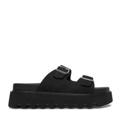 Klapki JENNY. Czarne klapki Jenny, bez wzorów, bez obcasa, bez zapięcia. Za 129.99 zł.