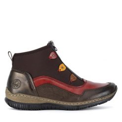 Botki Rieker. Brązowe botki Rieker, bez wzorów, bez obcasa, na płaskiej podeszwie, bez zapięcia. Za 279.00 zł.