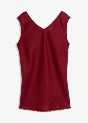 Top z czystego lnu. Brązowe topy bonprix, bez wzorów, eleganckie, bez kołnierzyka, bez ramiączek. Za 79.99 zł.