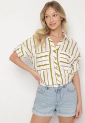 Biało-Zielona Koszula z Bawełny w Paski Adserie. Białe koszule Born2be, m, bez wzorów, z bawełny, eleganckie, bez kołnierzyka, bez ramiączek. W wyprzedaży za 72.24 zł.