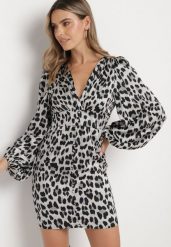 Szara Sukienka Taliowana w Panterkę Suzamera. Szare sukienki Born2be, l, bez wzorów, z materiału, bez kołnierzyka, bez ramiączek, mini. W wyprzedaży za 127.49 zł.