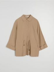 Wiskozowa koszula ze ściągaczem w talii - beżowy. Brązowe koszule Sinsay, l, bez wzorów, z wiskozy, bez kołnierzyka, bez ramiączek. Za 59.99 zł.