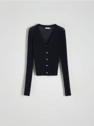 Ażurowy sweter - granatowy. Niebieskie swetry Reserved, l, w ażurowe wzory, z dzianiny, bez ramiączek. W wyprzedaży za 39.99 zł.