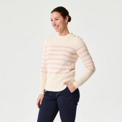 Sweter marynarski damski Decathlon 100. Białe swetry Decathlon, l, bez wzorów, z bawełny, eleganckie, bez ramiączek. Za 99.99 zł.