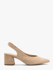Beżowe czółenka slingback bez pięty. Brązowe czółenka Ryłko, bez wzorów, ze skóry, eleganckie, bez obcasa, na obcasie, bez zapięcia. W wyprzedaży za 279.99 zł.