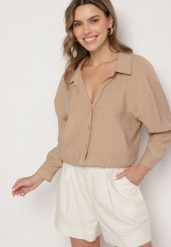 Beżowa Koszula o Kroju Oversize z Modalu Adevessa. Brązowe koszule Born2be, bez wzorów, z jeansu, eleganckie, bez kołnierzyka, bez ramiączek. W wyprzedaży za 84.99 zł.