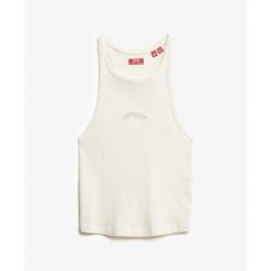 Tank top z plecami typu racer i logiem dla kobiet Superdry Essential. Białe bielizna termoaktywna damska Superdry, bez wzorów, bez ramiączek. W wyprzedaży za 99.25 zł.