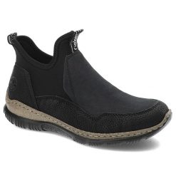Czarne Botki Rieker Modne Wsuwane Obuwie Damskie. Czarne botki Rieker, bez wzorów, z materiału, bez obcasa, bez zapięcia. Za 259.00 zł.
