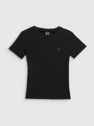 4F T-shirt slim prążkowany damski - czarny XS. Czarne t-shirty 4f, xs, bez wzorów, z dzianiny, klasyczne, bez kołnierzyka, bez ramiączek. Za 49.99 zł.