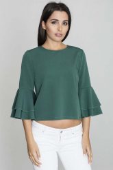 Zielona Krótka Bluzka z Rozkloszowanymi Rękawami. Zielone bluzki Figl, l, bez wzorów, z materiału, bez kołnierzyka, bez ramiączek. Za 189.00 zł.