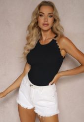 Czarny Casualowy Prążkowany Top z Wiskozą Wykończony Koronką Luvia. Czarne topy Renee, m, bez wzorów, z jeansu, eleganckie, bez kołnierzyka, bez ramiączek. W wyprzedaży za 55.99 zł.
