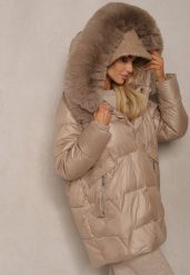 Ciemnobeżowa Pudełkowa Kurtka Pikowana Ozdobiona Odpinanym Futerkiem i Suwakiem Hedizelle. Brązowe kurtki Renee, na zimę, l, bez wzorów, z futra, eleganckie, bez kaptura. Za 249.99 zł.