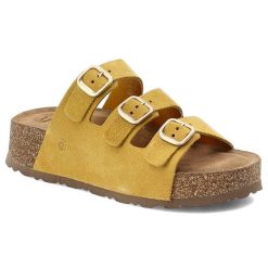 Klapki damskie Yokono, cholewka ze skóry naturalnej zamszowej z trzema szerokimi paskami, żółte, Wiwi-263 Ser Mostaza. Żółte klapki Yokono, bez wzorów, ze skóry, bez obcasa, bez zapięcia. Za 249.00 zł.