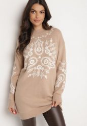 Beżowy Długi Sweter z Wiskozą Ozdobiony Haftem Delarose. Brązowe swetry Born2be, na jesień, bez wzorów, z jeansu, eleganckie, bez ramiączek. W wyprzedaży za 135.99 zł.