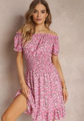 Różowa Bawełniana Sukienka Midi Hiszpanka z Gumką w Pasie Dnise. Czerwone sukienki Renee, l, bez wzorów, z bawełny, bez kołnierzyka, bez ramiączek, midi. W wyprzedaży za 39.99 zł.