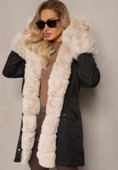 Czarno-Beżowa Kurtka Parka z Paskiem w Talii i Kapturem z Futerkiem Hizontia. Czarne kurtki Renee, l, bez wzorów, z futra. Za 289.99 zł.