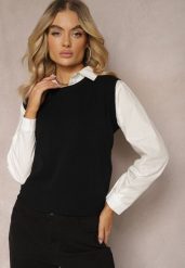 Czarna Kamizelka z Klasyczną Koszulą Nellamira. Czarne koszule Renee, bez wzorów, klasyczne, bez kołnierzyka, bez ramiączek. W wyprzedaży za 119.99 zł.