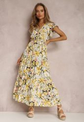 Żółto-Czarna Sukienka Arginca. Żółte sukienki Renee, na imprezę, l, z aplikacjami, z materiału, eleganckie, bez kołnierzyka, bez ramiączek, maxi, kopertowe. W wyprzedaży za 83.99 zł.