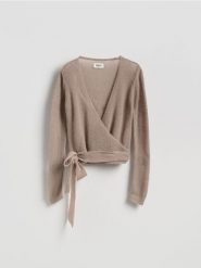 Sweter z wełną - beżowy. Brązowe swetry Reserved, l, bez wzorów, z dzianiny, bez ramiączek. Za 159.99 zł.