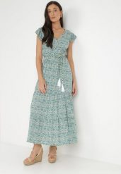 Biało-Zielona Sukienka z Paskiem Phenaleia. Zielone sukienki Born2be, l, bez wzorów, ze skóry, boho, bez kołnierzyka, bez ramiączek, maxi. Za 139.99 zł.