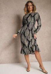 Czarna Rozkloszowana Sukienka w Etniczny Print z Gumką w Talii i Falbanką Napirea. Czarne sukienki Renee, na co dzień, m, bez wzorów, eleganckie, bez kołnierzyka, bez ramiączek, midi, rozkloszowane. W wyprzedaży za 83.99 zł.