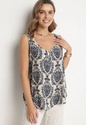 Niebieska Bluzka z Bawełny ze Wzorem Boho Napolea. Niebieskie bluzki Born2be, l, bez wzorów, z bawełny, boho, bez kołnierzyka, bez ramiączek. Za 59.99 zł.