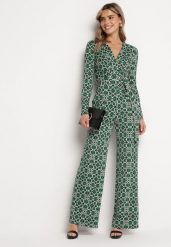 Zielony Wzorzysty Kombinezon z Długim Rękawem i Szerokimi Spodniami z Wiązaniem w Pasie Vilati. Zielone sukienki Born2be, l, bez wzorów, eleganckie, bez kołnierzyka, bez ramiączek. W wyprzedaży za 135.99 zł.