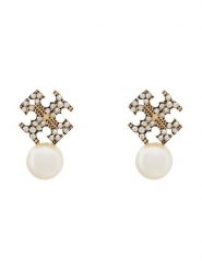 Tory Burch Kolczyki LOGO AND PEARL STUD EARRINGS 184422 Złoty. Żółte kolczyki Tory Burch, ze stali. Za 659.99 zł.