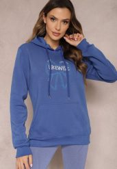Niebieska Bluza Wykończona Polarem z Nadrukiem i Kapturem Nimba. Niebieskie bluzy Renee, l, bez wzorów, z bawełny. W wyprzedaży za 71.99 zł.