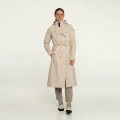 Damska kurtka przeciwdeszczowa rowerowa długa Poray 5000 beżowa. Brązowe kurtki AGU, l, bez wzorów, z materiału, eleganckie, z kapturem. Za 743.70 zł.