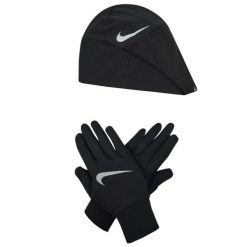Rękawiczki sportowe damskie Nike Wmns Essential Running Hat-Glove Set. Czarne rękawiczki Nike, bez wzorów, sportowe. Za 333.99 zł.