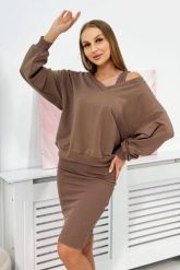 Komplet bluzka + sukienka prążkowana mocca. Bluzki KESI, l, bez wzorów, z bawełny, eleganckie, bez kołnierzyka, bez ramiączek. Za 292.73 zł.