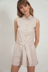 Letni Kombinezon bez Rękawów - Beżowy. Brązowe kombinezony Nife, na lato, xl, bez wzorów, z materiału, bez kołnierzyka, bez ramiączek. Za 229.90 zł.