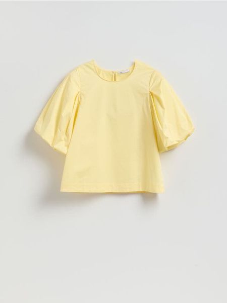 Bawełniana bluzka - jasnożółty. Żółte bluzki Reserved, l, bez wzorów, z bawełny, bez kołnierzyka, bez ramiączek. Za 119.99 zł.