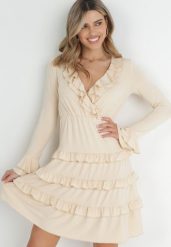 Beżowa Sukienka Mini z Gumką w Talii i Falbankami Livarria. Brązowe sukienki Born2be, na imprezę, l, bez wzorów, eleganckie, bez kołnierzyka, bez ramiączek, mini, rozkloszowane. W wyprzedaży za 132.99 zł.