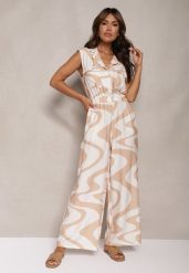 Beżowy Kombinezon z Szerokimi Nogawkami Gumką w Talii w Abstrakcyjny Print Privia. Brązowe sukienki Renee, na co dzień, bez wzorów, z tkaniny, eleganckie, bez kołnierzyka, bez ramiączek, kopertowe. W wyprzedaży za 127.99 zł.