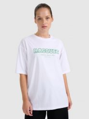 4F T-shirt oversize z nadrukiem damski - biały XL. Białe t-shirty sportowe 4f, uniwersalny, bez wzorów, z bawełny, bez ramiączek. W wyprzedaży za 39.99 zł.