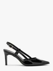 Lakierowane czółenka slingback OFELIA. Czarne czółenka Ryłko, bez wzorów, z lakierowanej skóry, bez obcasa, na szpilce, bez zapięcia. W wyprzedaży za 199.99 zł.