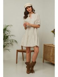 Fleur de Lin Lniana sukienka "Gabin" w kolorze beżowym rozmiar: XL. Brązowe sukienki Fleur de Lin, na co dzień, xl, bez wzorów, ze lnu, bez kołnierzyka, bez ramiączek, mini, proste. Za 207.39 zł.